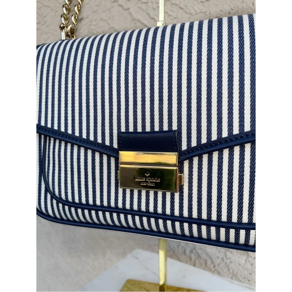 KATE SPADE Blue & White Striped Carey Medium Flap Striped Crossbody Shoulder Bag